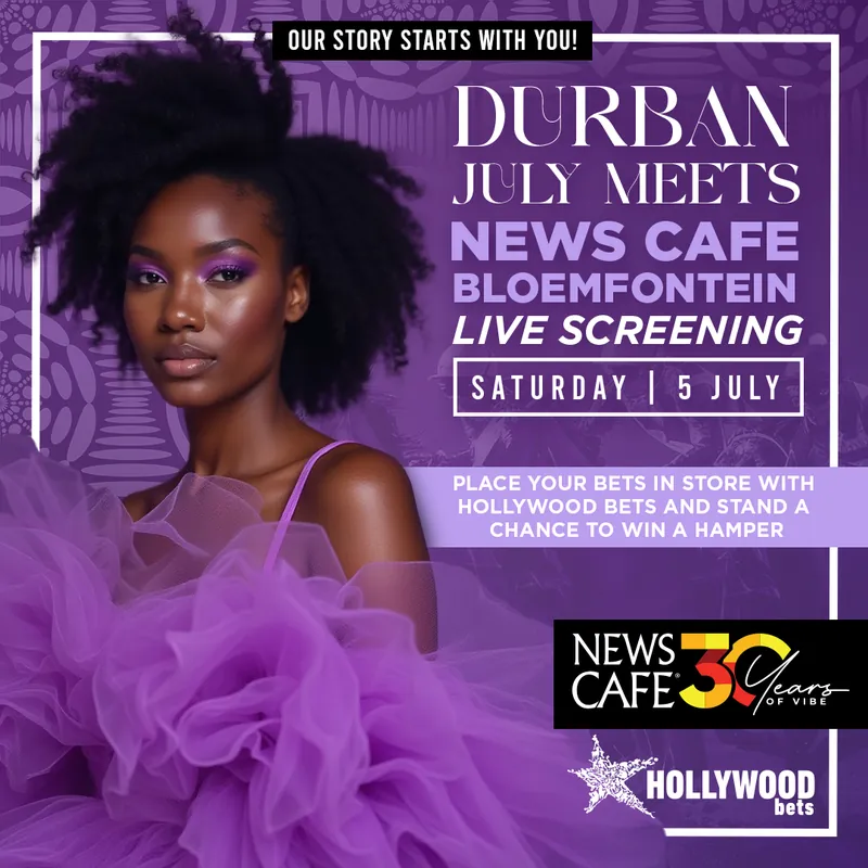 Event poster for the Durban July live screening at News Café Bloemfontein