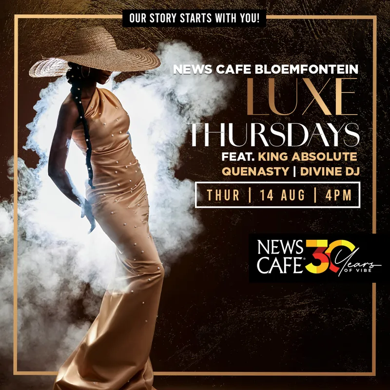 Event poster for Luxe Thursdays at News Café Bloemfontein
