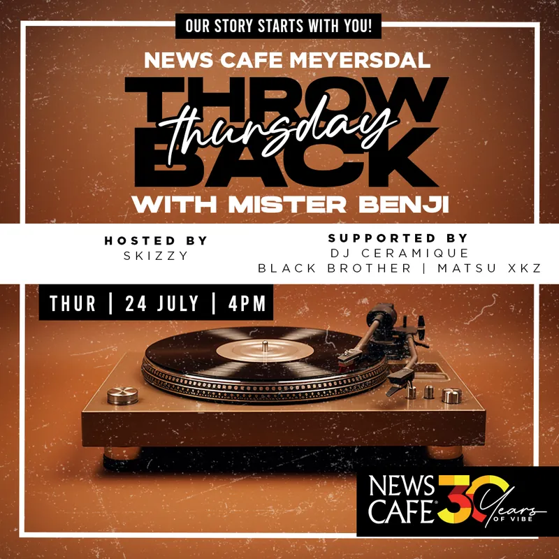 Event poster for Throwback Thursday with Mister Benji at News Café Meyersdal