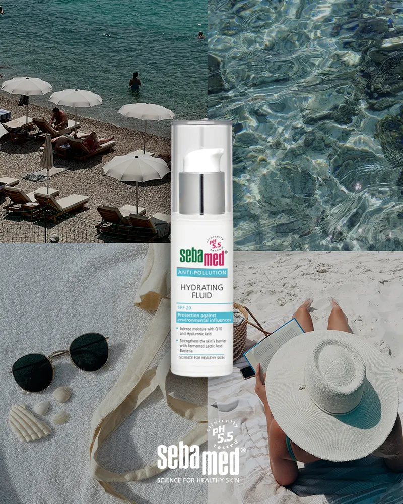 Post: a Sebamed bottle in a sunny beach scene